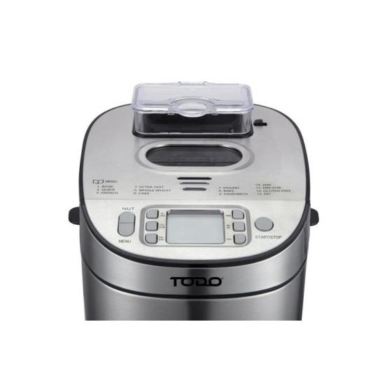 TODO Stainless Steel Bread Maker 13 Programs Menu 550W Power Fruit Nut Dispenser Keep Warm Function（TODO不锈钢面包机13个程序菜单550W功率水果坚果分配器保温功能）
